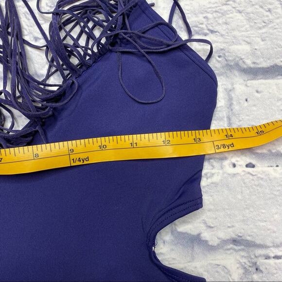 Vince Camuto Swim Tassle Suede Fringe One Piece Swimsuit in Navy - Picture 8 of 9